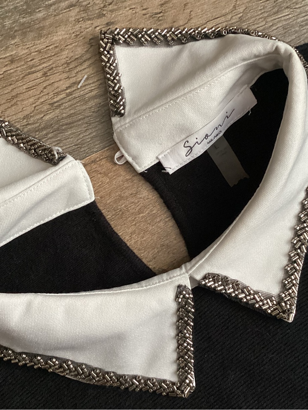 Sioni Black Top with White Jeweled Trimmed Peter Pan Collar - Picture 4 of 5